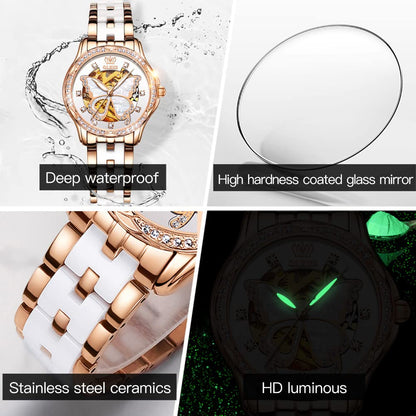 OLEVS Automatic Watches for Women Rose Gold Fashion Diamond Dress Ladies Wrist Watch Self Winding Mechanical Two Tone Ceramic Band Waterproof