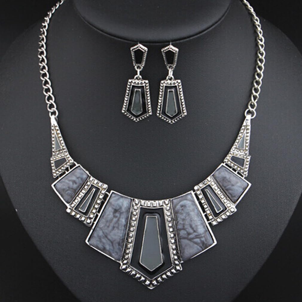 YAZILIND Vintage Ethnic Tibetan Silver Irregular Rhinestone Bib Collar Earrings Necklace Jewelry Set