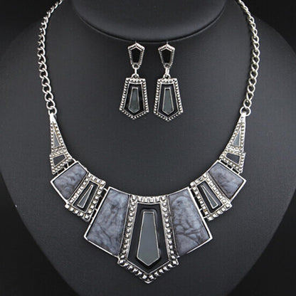 YAZILIND Vintage Ethnic Tibetan Silver Irregular Rhinestone Bib Collar Earrings Necklace Jewelry Set