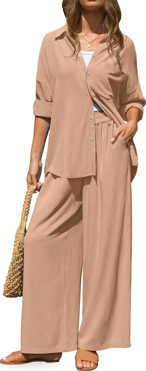 TARSE Womens Linen 2 Piece Outfits Casual Lounge Sets | Long Sleeve, Button Down Shirt and Wide Leg Pants, loose fit linen, vacation outfits with Pockets