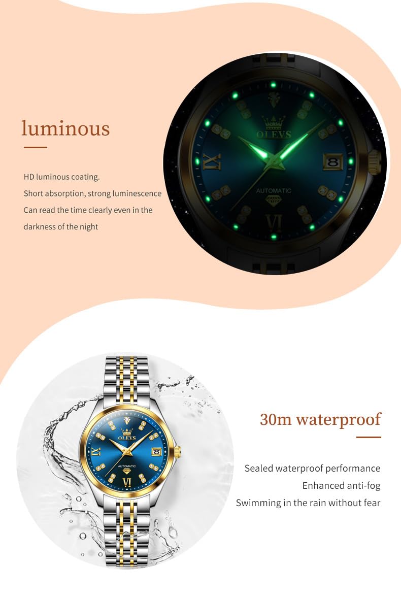 OLEVS Womens Automatic Watches Gold Classic Diamond Ladies Self Winding Mechanical Two Tone Stainless Steel Wrist Watch Date