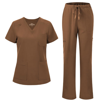 floralhue Scrubs for Women, V-Neck Straight Leg Pants with 12 Pockets | Slit Hem Cargo Pant Storage, Yoga Waistband, Water Resistance, For Nurses, Clinics, Long Shifts, Daily Medical Uniforms