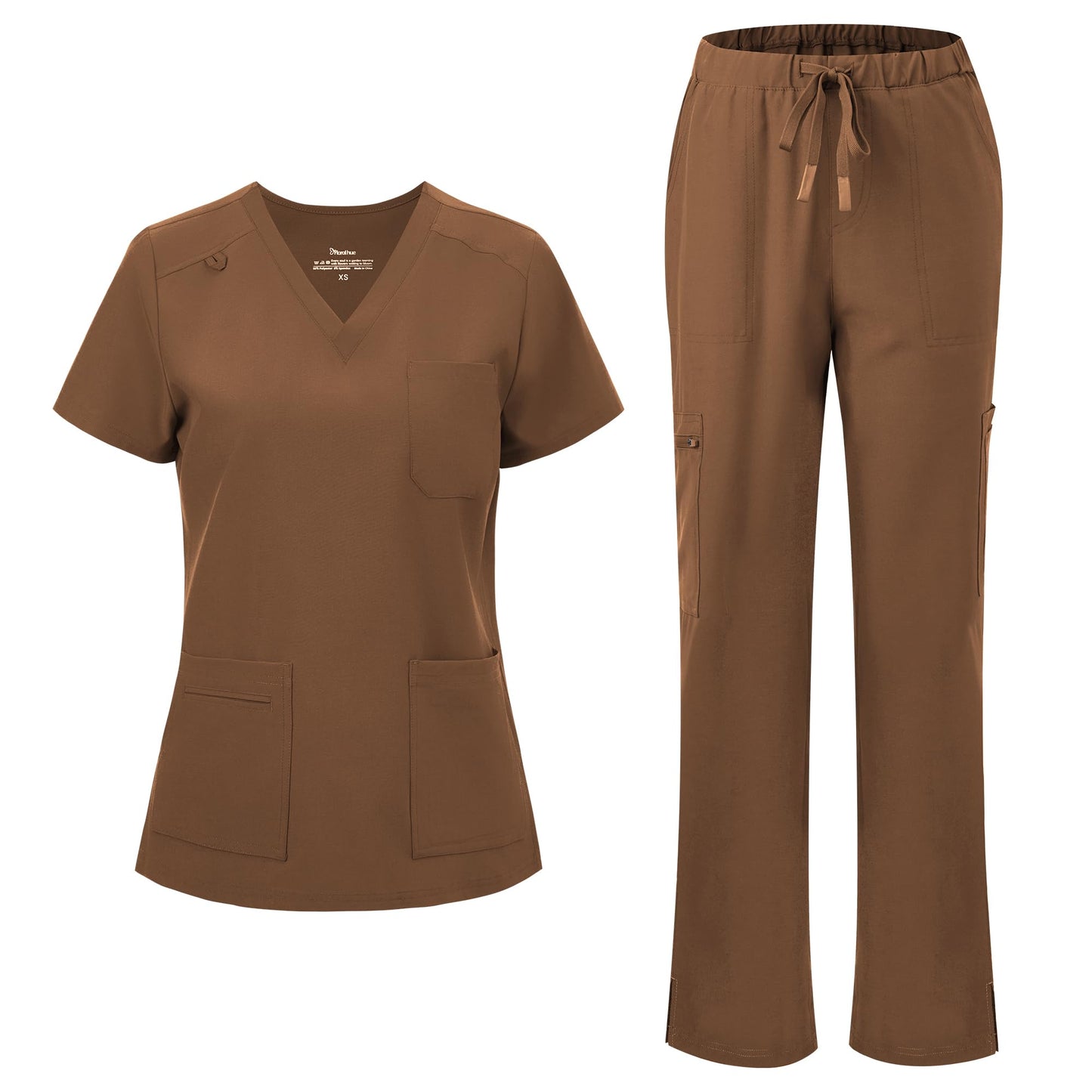 floralhue Scrubs for Women, V-Neck Straight Leg Pants with 12 Pockets | Slit Hem Cargo Pant Storage, Yoga Waistband, Water Resistance, For Nurses, Clinics, Long Shifts, Daily Medical Uniforms