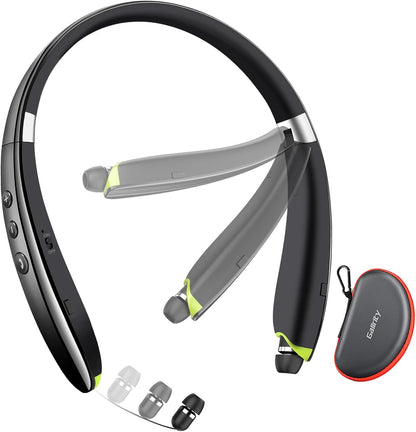Bluetooth Headset, 2026 Upgraded Neckband Bluetooth Headphones with Retractable Earbuds, Noise Cancelling Stereo Earphones with Mic, Foldable Wireless Headphones for Sports Office w/Carry Case(Black)