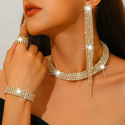 Unicra Rhinestone Bridal Wedding Jewelry Sets Silver Choker Necklace Earrings Bracelet Ring Set Prom Formal Costume Jewelry Set for Women and Brides