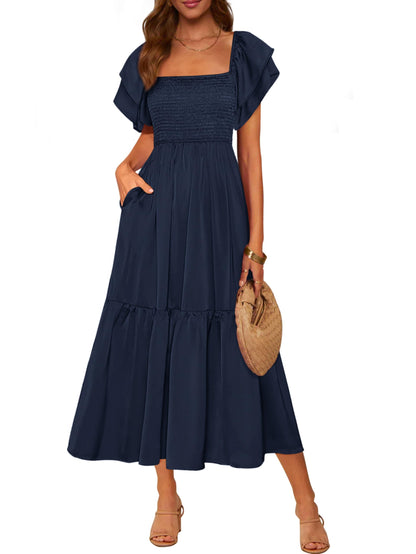 MASCOMODA Womens Summer Casual Midi Dress Square Neck Ruffle Short Sleeve Smocked High Waist A Line Wedding Guest Dresses