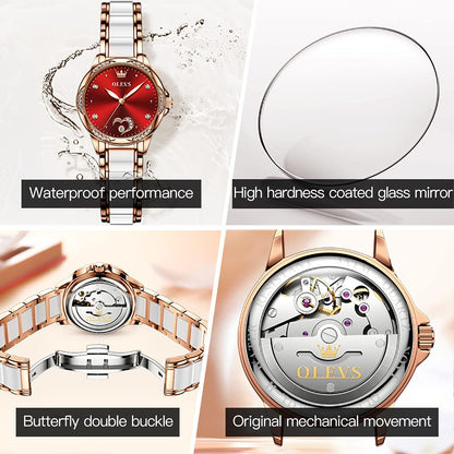 OLEVS Automatic Watches for Women Rose Gold Fashion Diamond Dress Ladies Wrist Watch Self Winding Mechanical Two Tone Ceramic Band Waterproof