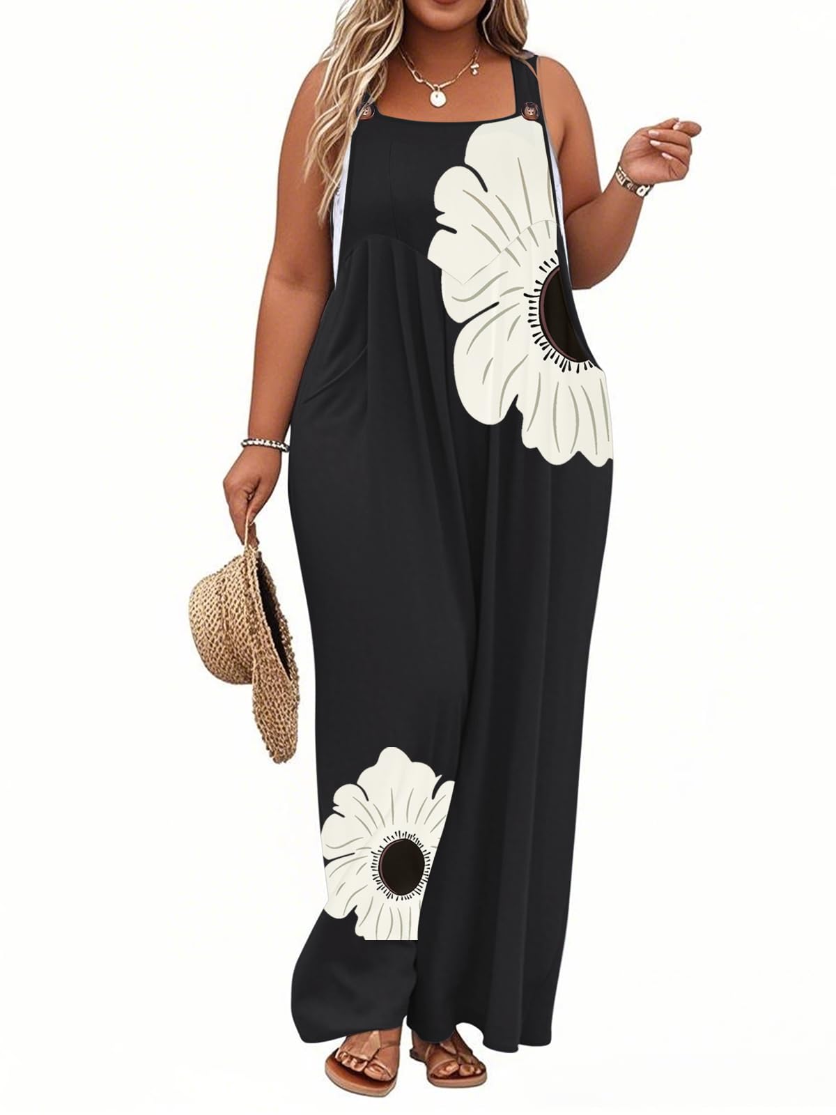 TAKEYAL Women's Plus Size Jumpsuit Overalls Wide Leg Casual Summer Rompers Adjustable Loose Fit Jumpsuits With Pockets 2026