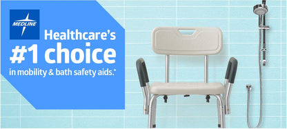 Medline Shower Chair Seat with Padded Armrests and Back | Heavy Duty Shower Chair for Bathtub | Slip Resistant Shower Seat with Adjustable Height | Shower Chair for Inside Shower with 350 lb Capacity