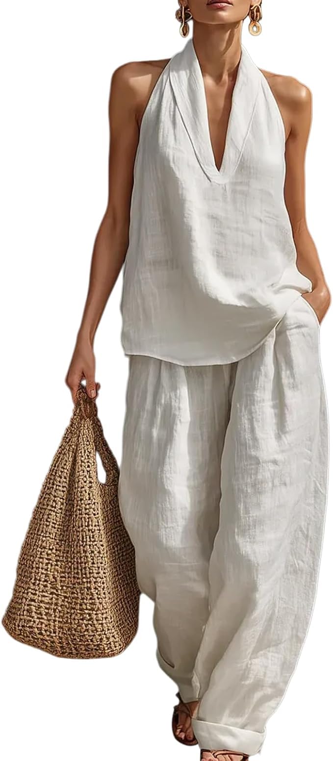 Womens Linen 2 Piece Sets 2026 Sleeveless V-Neck Halter Top Matching Baggy Wide Leg Pants Summer Lounge Set Vacation Outfits