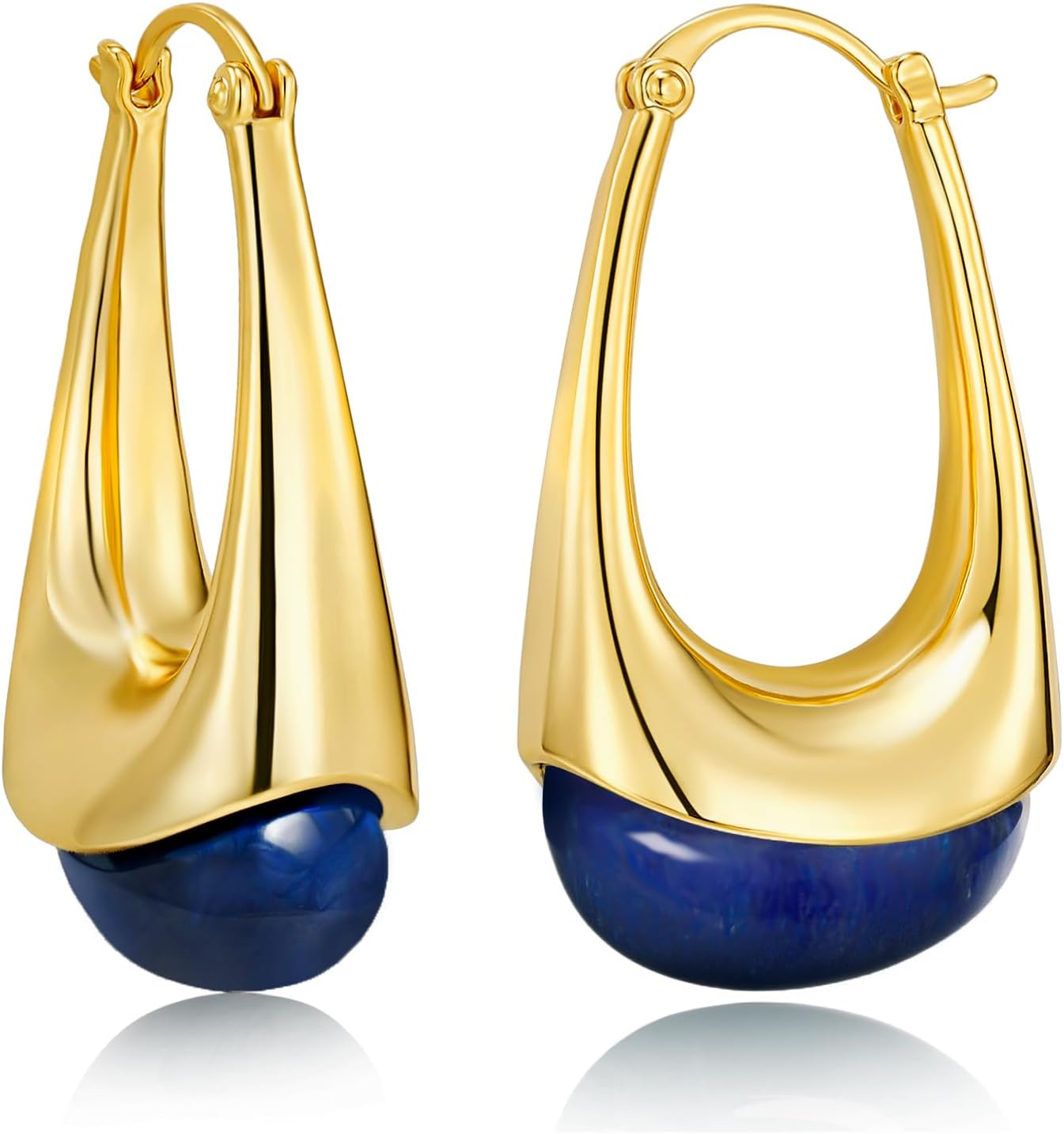 SNGIA Long Oval Chunky Dangle 18K Gold Plated Hoops with Colored Resin Gemstone Statement Earrings for Women, (Green, Brown, Light blue, Dark Blue), Bold Drop Handmade Exaggerated Irregular Trendy Bohemian Jewelry Gifts, Unique Dangling Teardrop Baroque S