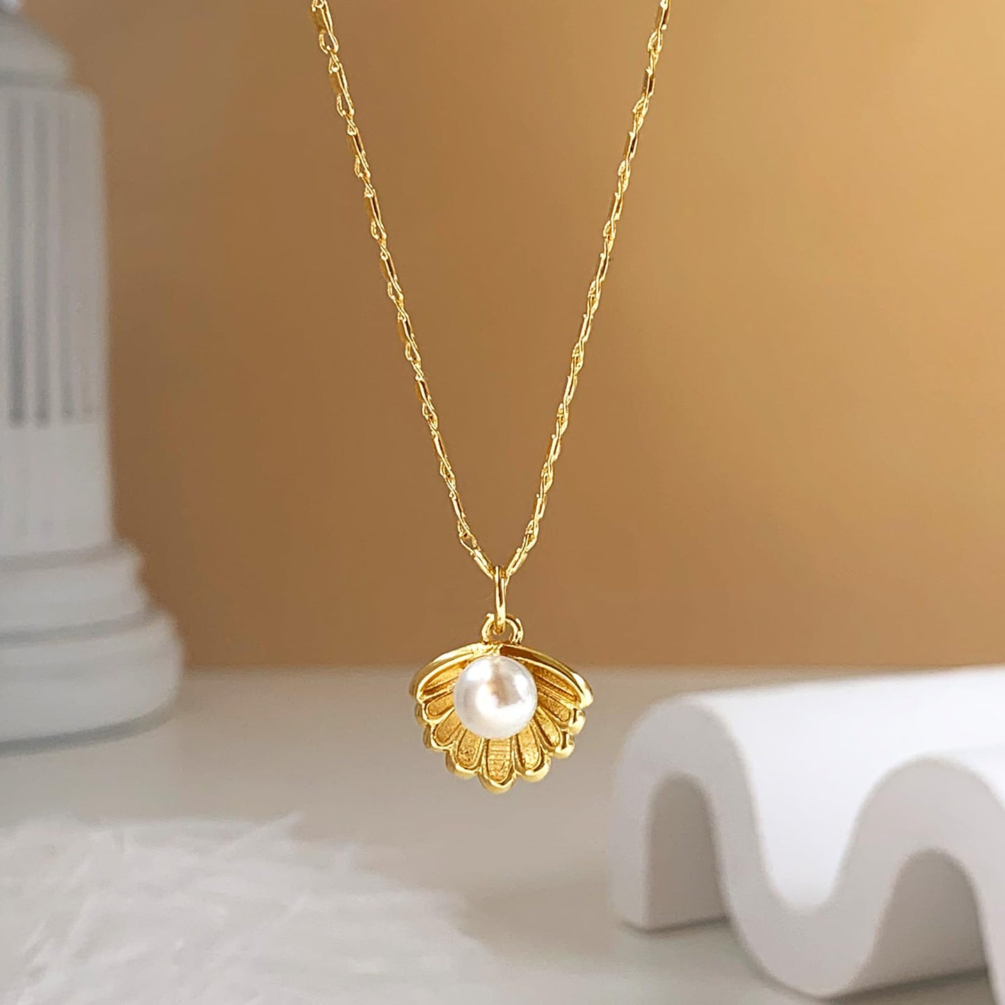 Zeffy Shell Necklace for Women,14K Gold Plated Layered Starfish Conch SeaShell Pearl Pendant Charm Necklace Stack Waterproof Dainty Beach Jewelry for Summer Vacation