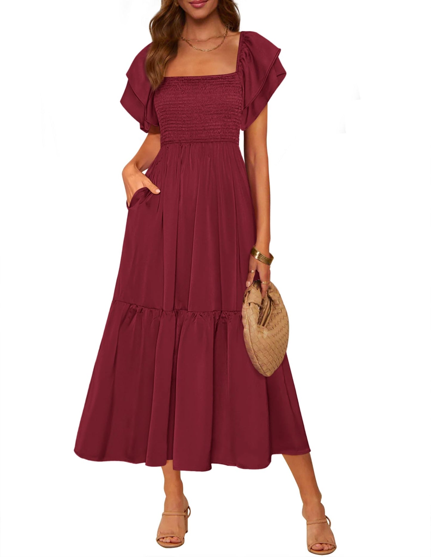 MASCOMODA Womens Summer Casual Midi Dress Square Neck Ruffle Short Sleeve Smocked High Waist A Line Wedding Guest Dresses