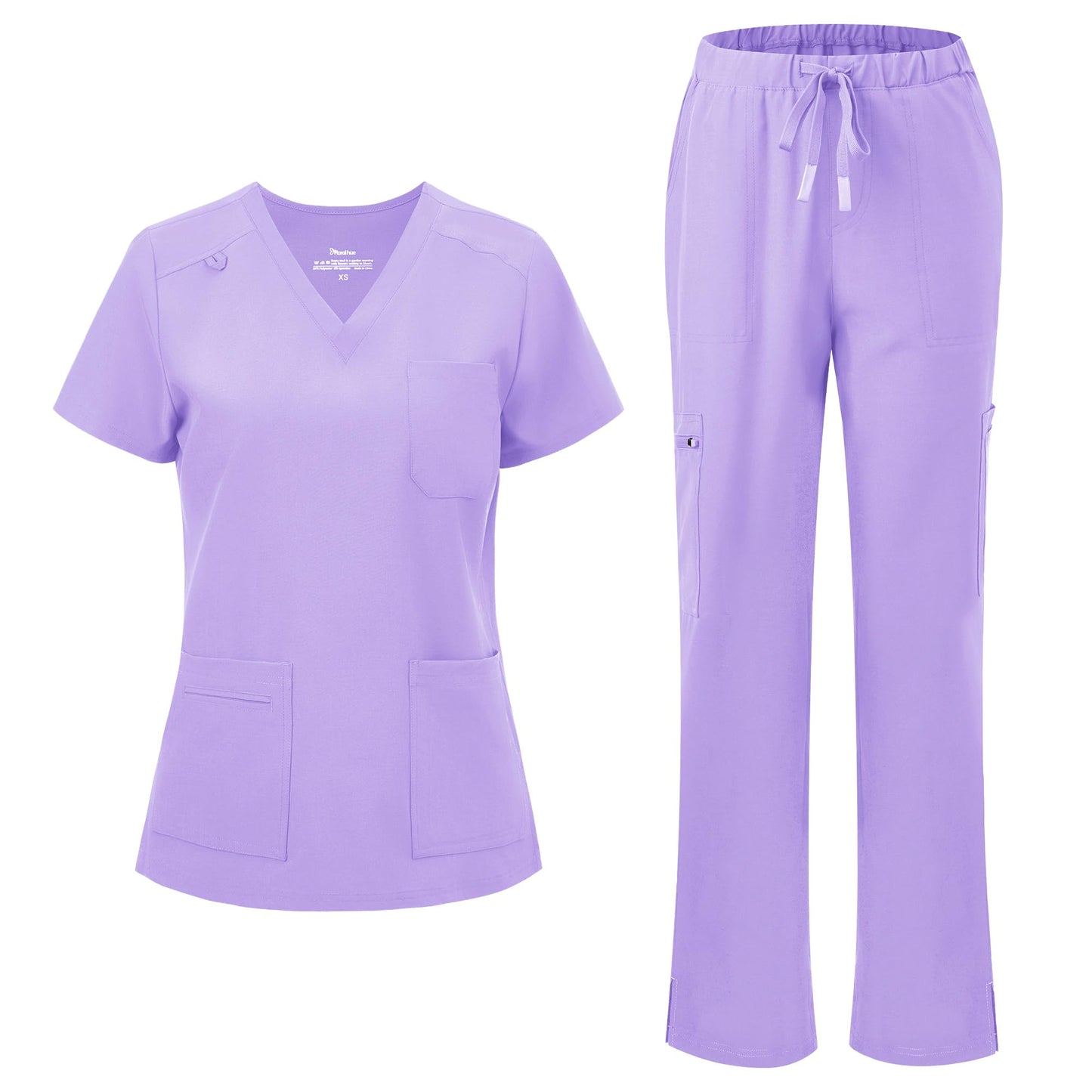floralhue Scrubs for Women, V-Neck Straight Leg Pants with 12 Pockets | Slit Hem Cargo Pant Storage, Yoga Waistband, Water Resistance, For Nurses, Clinics, Long Shifts, Daily Medical Uniforms