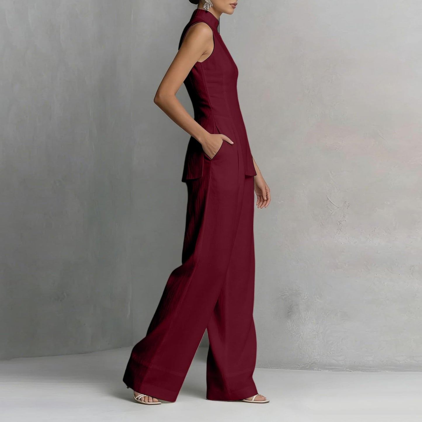 Linen Lounge sets for women, Stand Collar Sleeveless Top and Baggy Wide Leg Pants, Casual Business 2 Piece Set