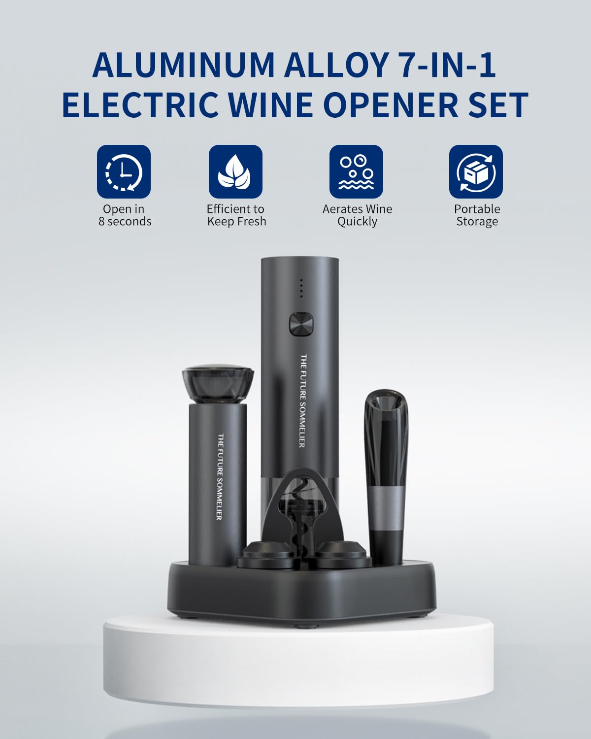 CIRCLE JOY Electric Wine Opener Rechargeable 5-in-1 Stainless Steel Wine Gift Set with Foil Cutter, Wine Aerator Pourer, Wine Drip Ring & Vacuum Stopper, Ideal Gifts for Wine Lovers, Silver
