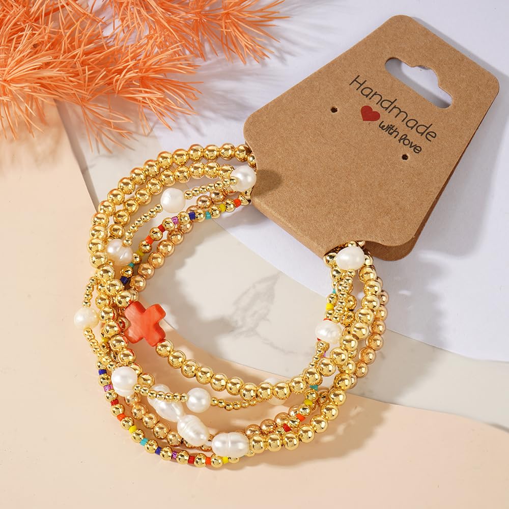 14K Gold Plated Pearl Beaded Cross Bracelets Stack Set for Women,Stretch Boho Colorful Christian Beads Ball Jewelry Friendship Summer Trendy Gift