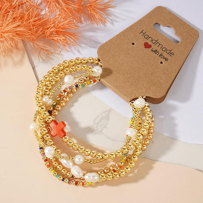 14K Gold Plated Pearl Beaded Cross Bracelets Stack Set for Women,Stretch Boho Colorful Christian Beads Ball Jewelry Friendship Summer Trendy Gift