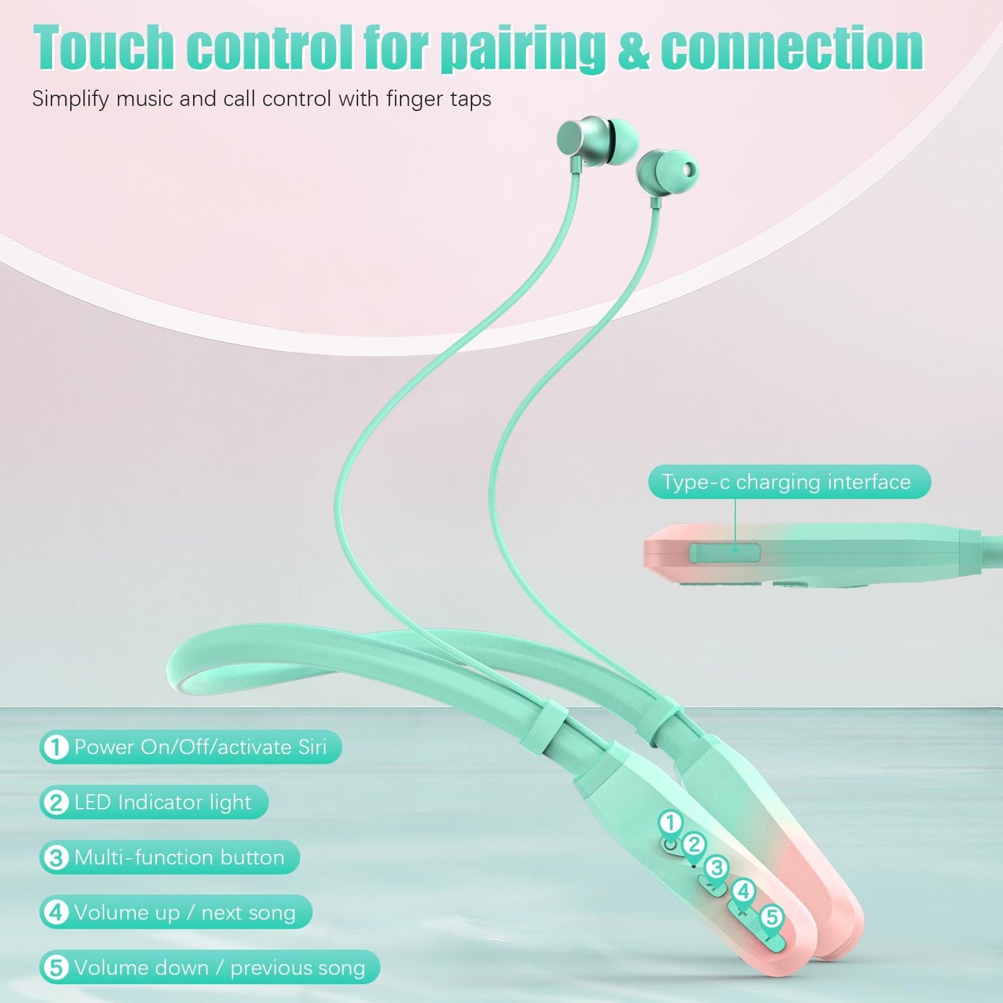 Lecefty Neckband Bluetooth Headphones, 200H Extra Long Playtime Wireless Stereo Neckband Earbuds with Microphone, Waterproof Balanced Armature Drivers in Ear Headset for Sports/Workout (Cyan Green)