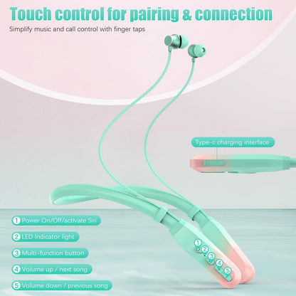 Lecefty Neckband Bluetooth Headphones, 200H Extra Long Playtime Wireless Stereo Neckband Earbuds with Microphone, Waterproof Balanced Armature Drivers in Ear Headset for Sports/Workout (Cyan Green)