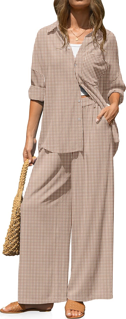 TARSE Womens Linen 2 Piece Outfits Casual Lounge Sets | Long Sleeve, Button Down Shirt and Wide Leg Pants, loose fit linen, vacation outfits with Pockets