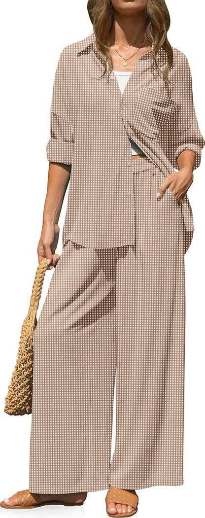 TARSE Womens Linen 2 Piece Outfits Casual Lounge Sets | Long Sleeve, Button Down Shirt and Wide Leg Pants, loose fit linen, vacation outfits with Pockets