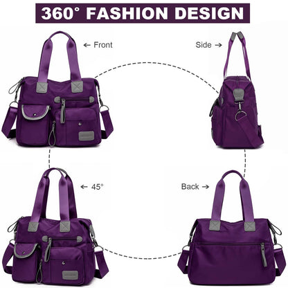 Tote Bag for Women,Multi Pockets Shoulder Handbag,Nurse Bag for Work,Large Cross body Purse,Fashion Nylon Top Handle Satchel