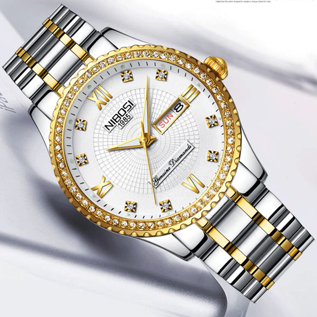 NIBOSI Watches for Couples Diamond Luxury Men and Women His and Hers Pair Watch Set Husband Wife Valentines Matching Wrist Watch Wedding Gifts Day Date Waterproof Quartz Analog