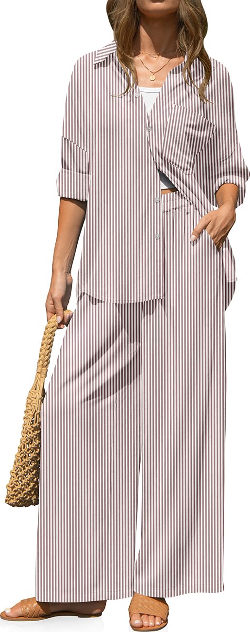 TARSE Womens Linen 2 Piece Outfits Casual Lounge Sets | Long Sleeve, Button Down Shirt and Wide Leg Pants, loose fit linen, vacation outfits with Pockets