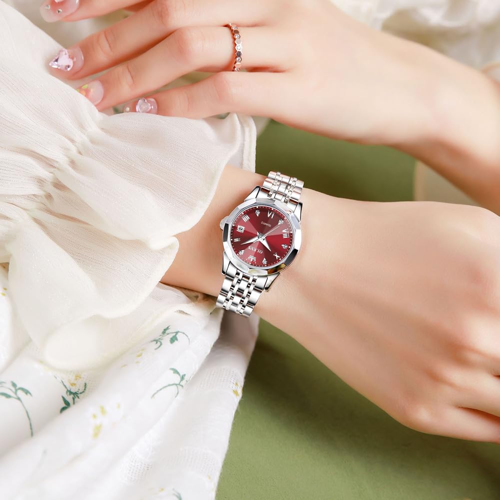 OLEVS Watches Women with Date Silver Stainless Steel Luxury Ladies Watches with Small Writs Diamond Watches for Women Waterproof Elegant Dress Quartz Analog Women's Wrist Watches Reloj de Mujer