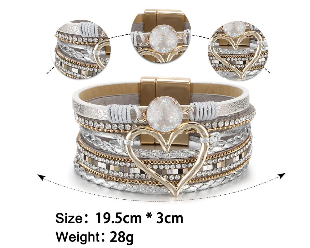 Fesciory Leopard Bracelet for Women, Boho Leather Wrap Multi-Layer Pearl Crystal Bracelet Bangle Jewelry