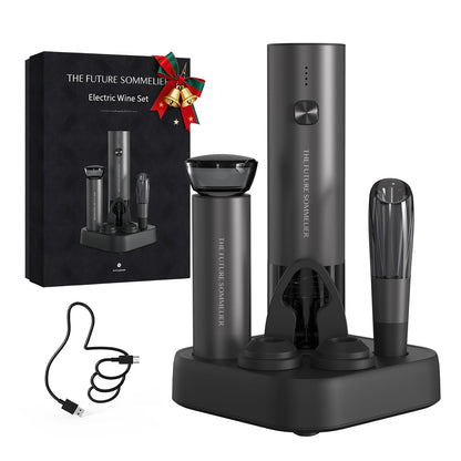 CIRCLE JOY Electric Wine Opener Rechargeable 5-in-1 Stainless Steel Wine Gift Set with Foil Cutter, Wine Aerator Pourer, Wine Drip Ring & Vacuum Stopper, Ideal Gifts for Wine Lovers, Silver
