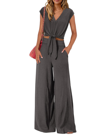 PRETTYGARDEN Women's Summer 2 Piece Outfits 2026 Cap Sleeve V Neck Belted Crop Tops Wide Leg Pant Sets Casual Tracksuit