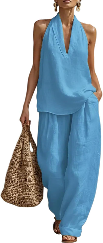 Womens Linen 2 Piece Sets 2026 Sleeveless V-Neck Halter Top Matching Baggy Wide Leg Pants Summer Lounge Set Vacation Outfits