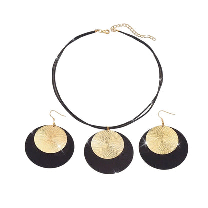 Gold Disc Pendant Necklace Earrings Set Leather Cord Black Circle Statement Necklaces Geometric Textured Medallion Jewelry For Women Party Fashion