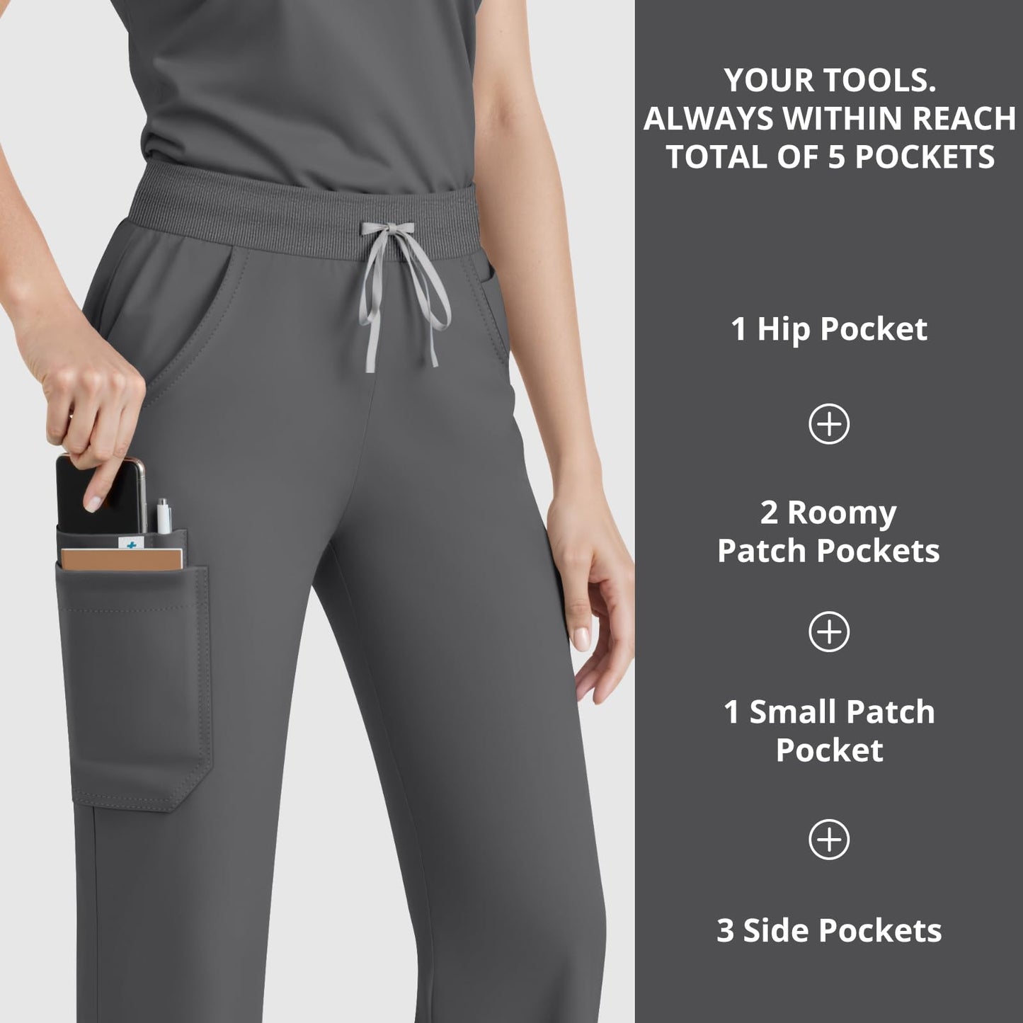 Scrubs for Women Set, Sleeveless 9-Pocket Straight Leg Yoga Waist | Stand-up collar top, straight leg pants side slits. Soft stretch knit. Yoga waist. Wrinkle-free. For nurses/docs/vets.