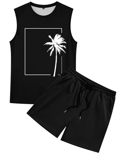 LecGee Men's 2 Piece Hawaiian Tank Tops Tropical Floral Beach Sleeveless Round neck T-shirt Casual Daily Beach Summer