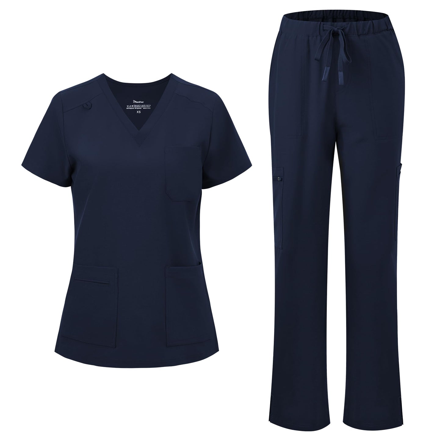 floralhue Scrubs for Women, V-Neck Straight Leg Pants with 12 Pockets | Slit Hem Cargo Pant Storage, Yoga Waistband, Water Resistance, For Nurses, Clinics, Long Shifts, Daily Medical Uniforms