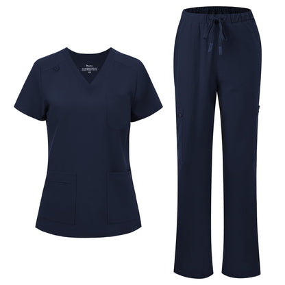 floralhue Scrubs for Women, V-Neck Straight Leg Pants with 12 Pockets | Slit Hem Cargo Pant Storage, Yoga Waistband, Water Resistance, For Nurses, Clinics, Long Shifts, Daily Medical Uniforms