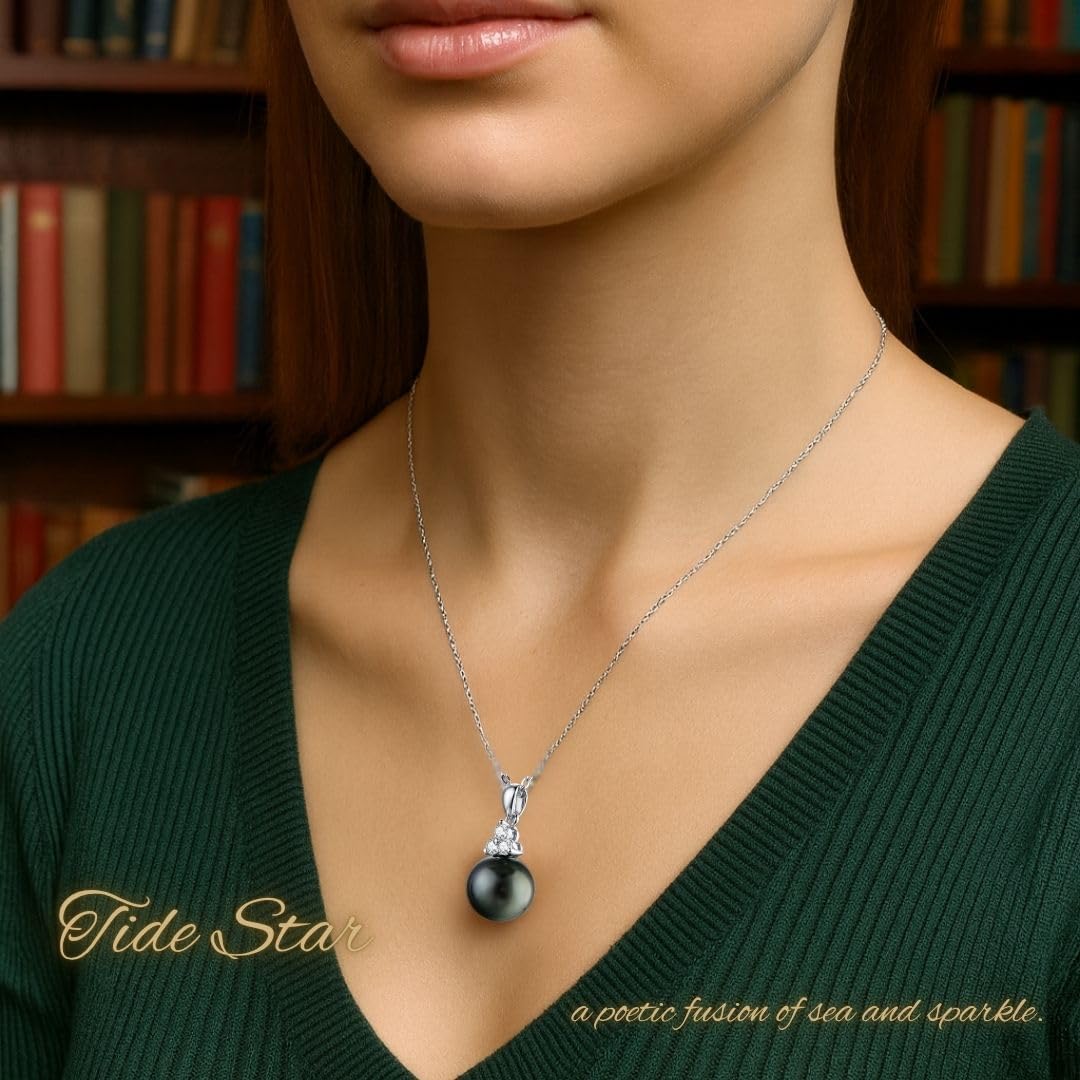 Lunar Belle Sterling Silver Black Pearl Pendant Necklace with Moissanite, Elegant Jewelry Birthday Gift for Women Girlfriend Wife Valentine's Day (Tide Star)