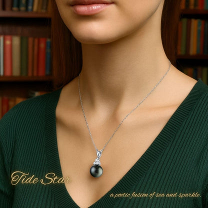 Lunar Belle Sterling Silver Black Pearl Pendant Necklace with Moissanite, Elegant Jewelry Birthday Gift for Women Girlfriend Wife Valentine's Day (Tide Star)