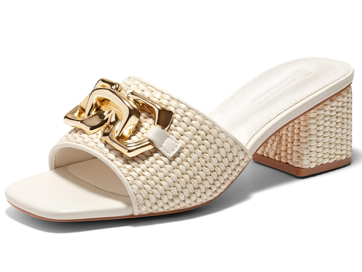Coutgo Womens Raffia Slide Sandals Chunky Block Heeled Square Open Toe Metal Chain Slip on Mules Dressy Shoes