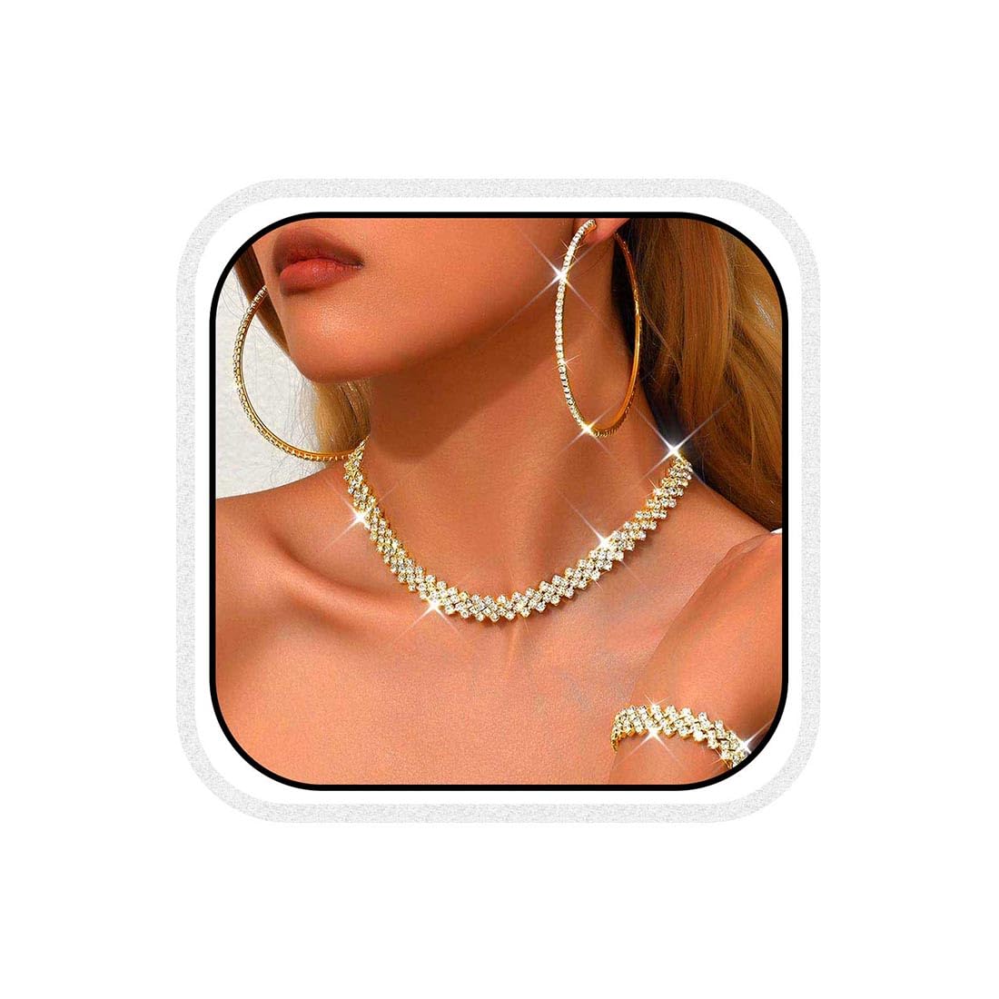 Unicra Black Jewelry Sets Rhinestone Necklace Hoop Earrings Bracelet Set Prom Formal Sparkly Costume Jewelry Sets for Women