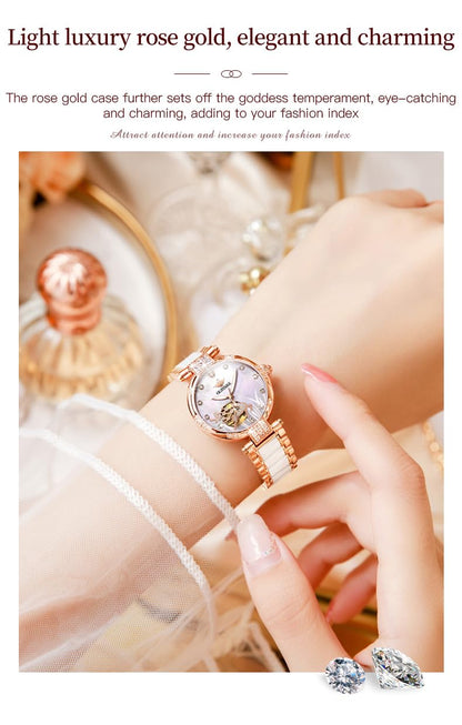 OLEVS Womens Automatic Watches Gold Classic Diamond Ladies Self Winding Mechanical Two Tone Stainless Steel Wrist Watch Date