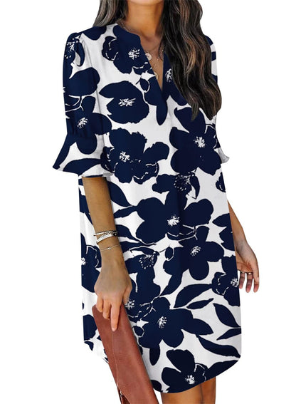 QACOHU Womens Summer Casual V Neck Shift Mini Dress | Flowy Swing Basic Loose Dresses, Ruffle Short Sleeve, Straight, Floral Boho Style, Wedding Guest Beach Vacation Outfits