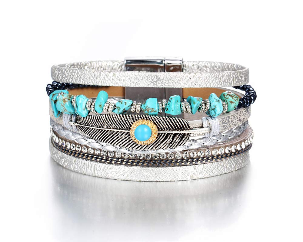 Fesciory Leopard Bracelet for Women, Boho Leather Wrap Multi-Layer Pearl Crystal Bracelet Bangle Jewelry