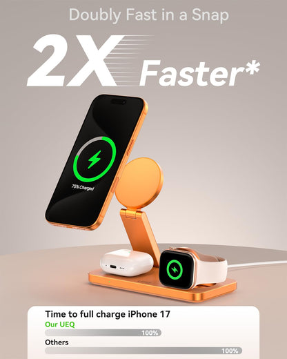 UEQ Foldable 3 in 1 Wireless Charging Station for Apple Magsafe Charger Stand,Fast Magnetic Wireless Charger Station for iPhone 17 Air 16 15 14 13 12 Series,Airpods Pro,Apple Watch Ultra (Pure Black)