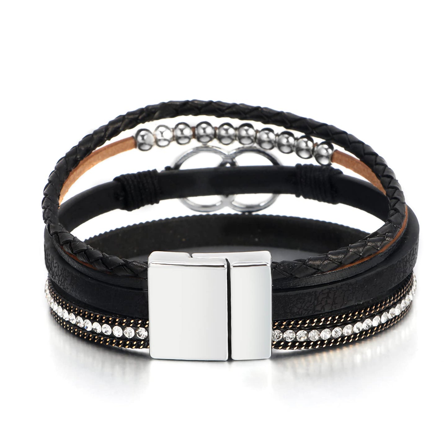Fesciory Leopard Bracelet for Women, Boho Leather Wrap Multi-Layer Pearl Crystal Bracelet Bangle Jewelry