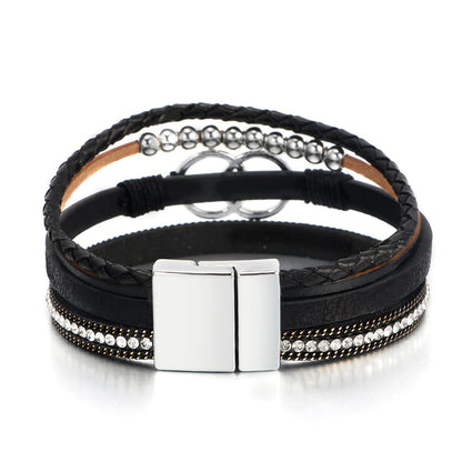 Fesciory Leopard Bracelet for Women, Boho Leather Wrap Multi-Layer Pearl Crystal Bracelet Bangle Jewelry