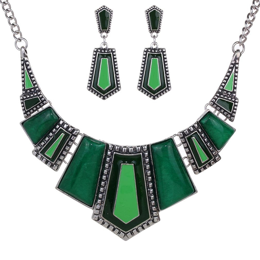 YAZILIND Vintage Ethnic Tibetan Silver Irregular Rhinestone Bib Collar Earrings Necklace Jewelry Set